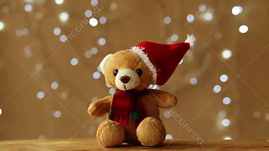 A soft toy teddy bear in a hat and a scarf sits on a beige background and a blinking christmas garland in the background