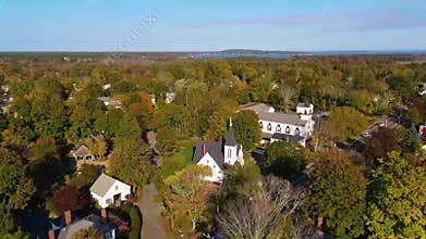 Kingston historic town center aerial view, Kingston, Massachusetts, USA