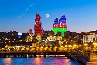 Flame Towers in the colors of the flag of Turkey and Azerbaijan - original neon lighting.