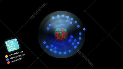 Copper atom, with element`s symbol