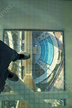 Glass floor inside of a popular sightseeing and attraction building known as Dubai Frame
