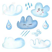 Watercolor set of blue and white clouds, clouds, drops,wind on a white background.Cartoon characters of rainy weather