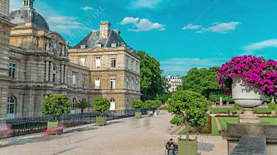 Luxembourg Palace and park timelapse hyperlapse in Paris, France.