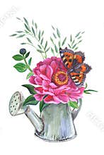 Flowers in a watering can and a butterfly.
