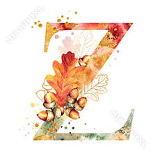 Fall Watercolor Letter Z. Watercolor Autumn Alphabet.