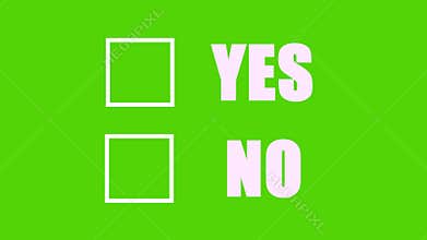 Yes no answer questionnaire animation against green screen. Tick sign or cross on yes box to agree and on no box to disagree