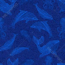 Amazing Whale Dolphin Octopus Narwhal and Fish ornamental sea waves fantasy seamless pattern, blue outline color