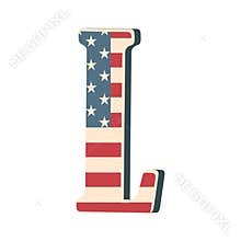 Capital 3d letter L with american flag texture isolated on white background. Vector illustration. Element for design. Kids