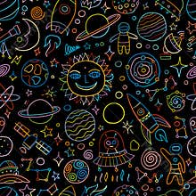 Space Background. Planets of the solar system. Rockets and astronauts. Seamless Pattern for your design