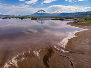 Aerial view on a Picturesque Coastline of Lake Natron in the Great Rift Valley, between Kenya and Tanzania. In the dry