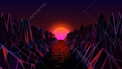 3D Computer generated synthwave landscape with mountains and river