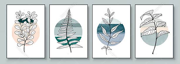Minimalistic Watercolor Painting Artwork. Earth Tone Boho Foliage Line Art Drawing with Abstract Shape. Set of Creative