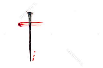 Christian cross made with rusty nails, drops of blood on white background. Copy space. Good Friday, Easter day