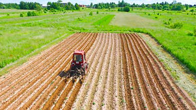 Rural landscape aerial view of a village on a field with plantings of vegetable crops, plowing hilling the soil in rows using agri