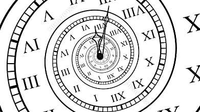 Endless looping spiral clock with minute and hour hands, abstract time passing by, business deadline, countdown or lifetime