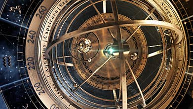 Armillary Sphere And Zodiac Astrology Signs On Background Of Starry Sky