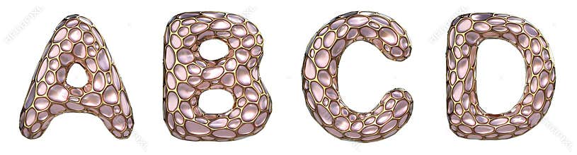 Realistic 3D letters set A, B, C, D made of gold shining metal letters.