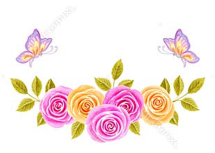 Hand drawn watercolor painting with pink and yellow roses flowers bouquet and two butterflies isolated on white background. Floral