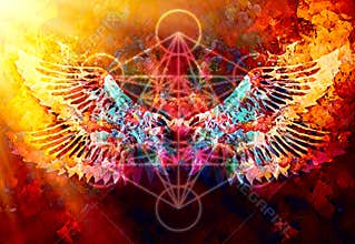 Merkaba and wing on abstract color background. Sacred geometry.