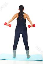 Rear view of woman with barbell