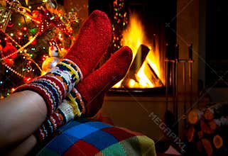 Romantic winter evening by the fireplace Christmas