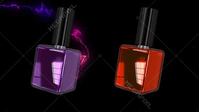 Animation of reflective purple and red bottles of nail varnish and colourful light trails on black