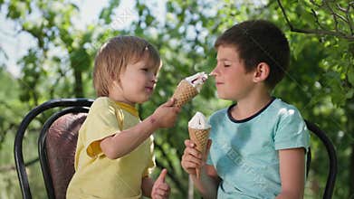 carefree childhood, cute brothers have fun eating cool ice cream on hot day and rub each other nose with sweet dessert