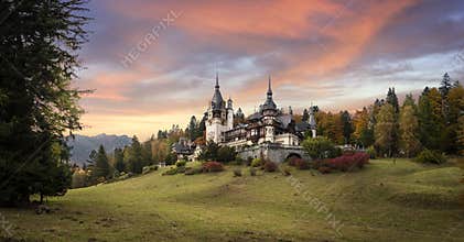 Peles Castle in Sinaia, Romania at sunset