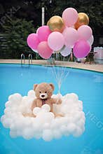 teddy bear with balloons in the swimming pool cute decoration