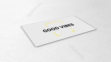 Digital animation of good vibes text over yellow square crosshair against white background