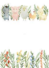 Watercolor card with farm animals.