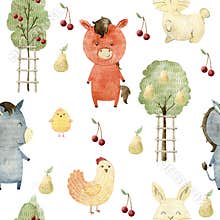 Watercolor pattern with farm animals.