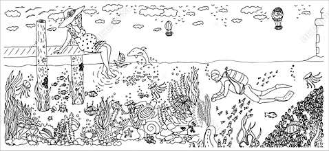 Diver in ocean with many fishes. Pregnant woman. Vector image
