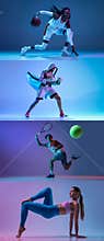 Collage of different professional sportsmen, fit people in action on color neon background. Flyer.