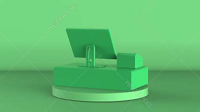 Green cashier machineÂ orÂ cash register on green background