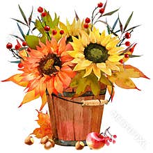 Watercolor Fall Sunflower , rustic clipart. Autumn Harvest Clip Art, Thanksgiving Day art,