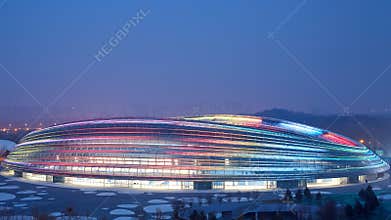 Beijing 2022 winter olympic Games National Speed Skating Oval with rainbow color lights, China 2022 world winter Olympic