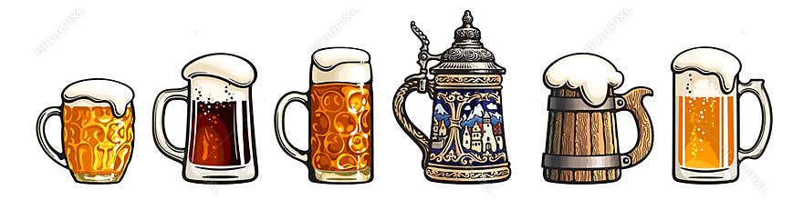Set of beer mugs. Octoberfest stein. Old wooden mug. German stein. Dimpled beer pint.. Vector illustration isolated on white
