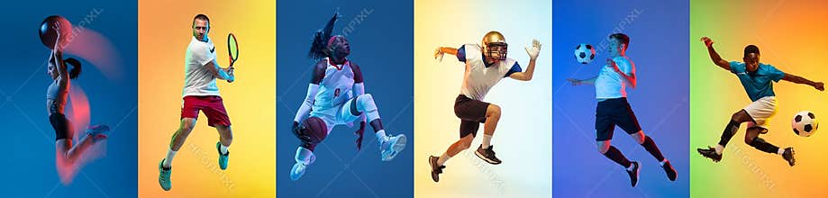 Soccer or american football, fitness, basketball and tennis. Collage of different professional sportsmen in action and