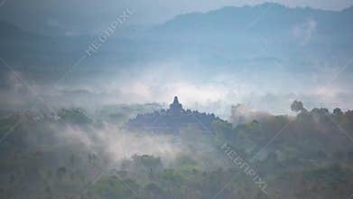 Borobudur temple in the misty morning