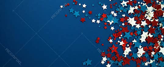 4th of July American Independence Day stars decorations on blue background. Flat lay, top view.