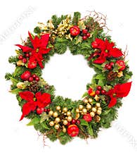 Christmas wreath with poinsettia flowers