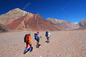 Mountaineers volcanic valley aconcagua mountains