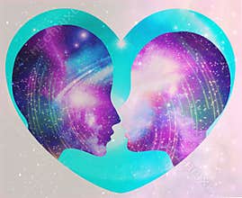 Human male, female heads, Universe Inspiration Enlightenment Unity consciousness, twin flames, cosmic lovers