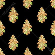 Colorful background autumn oak leaves on a black background. Leaf fall. Watercolor illustration. For printing on fabric