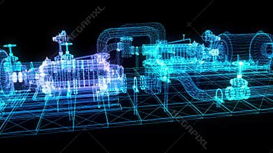 Industrial equipment electric oil pump. Glowing lines formation of pump. Equipment for pumping heavy oil