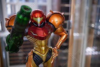Brussels 05 May 2021: Figurine of Samus Aran in full armor from the Metroid Game series