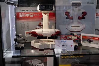 Brussels 05 May 2021: White exposition model of R.O.B robot for original Nintendo console