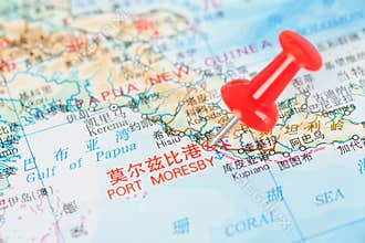 The location of Port Moresby, the capital of Papua New Guinea, on the map