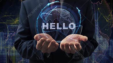 Male hands activate hologram Hello